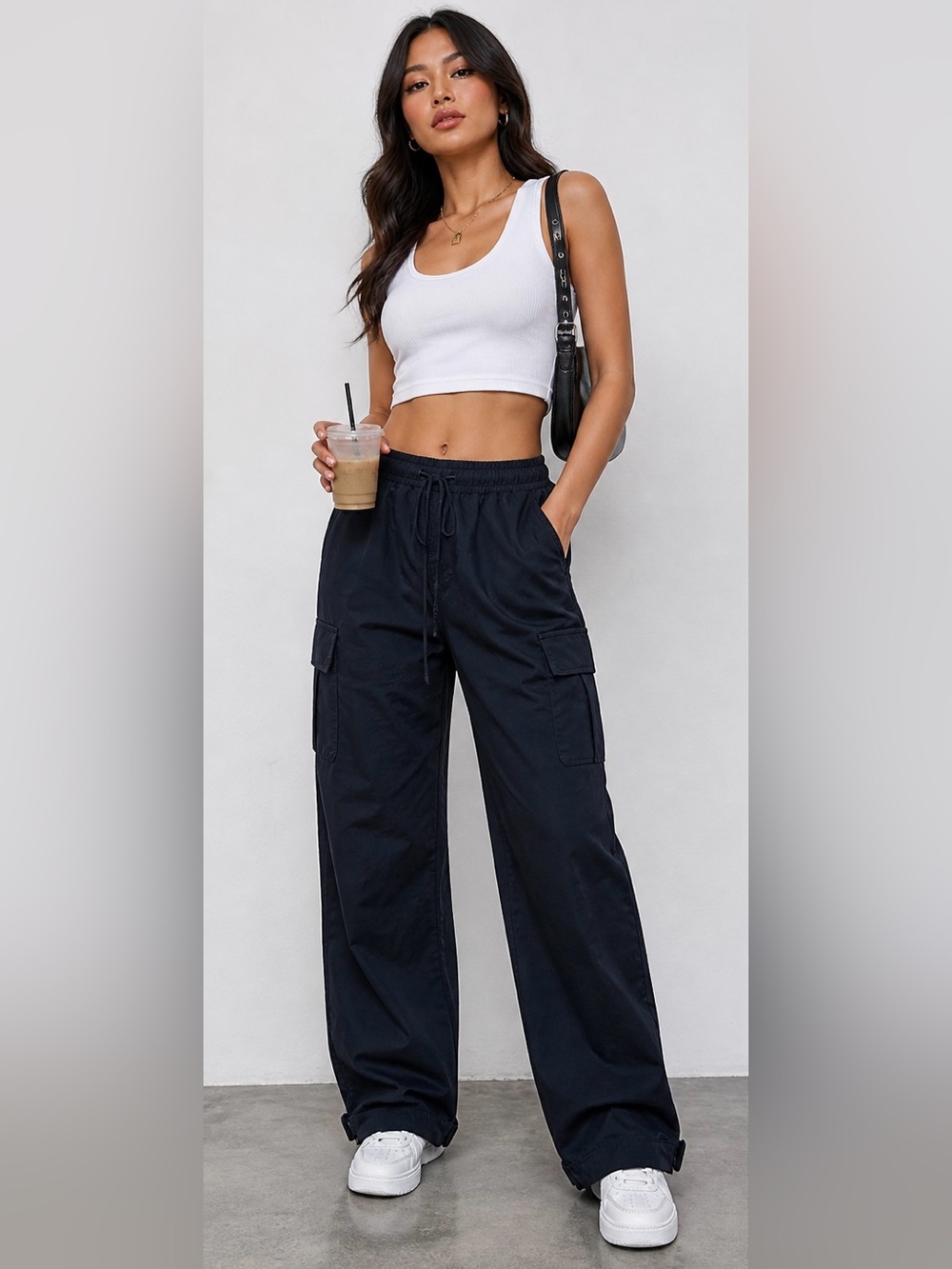 Women’s Black Cargo Lounge Pants Drawstring Wide Leg Comfy Cozy Size L